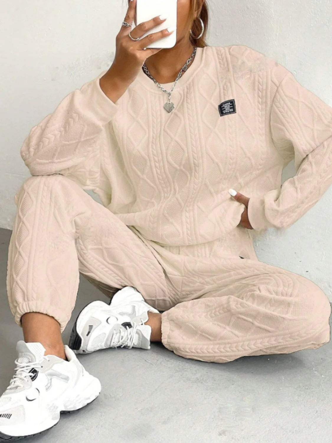 Amelie | Textured crew neck long sleeve top and pants set - Image 2