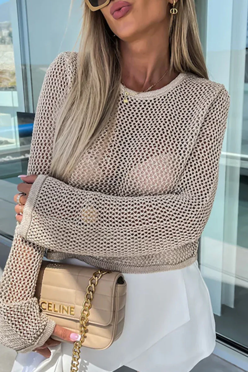 Ana | Sexy solid color hollow out sheer O-neck tops for vacation