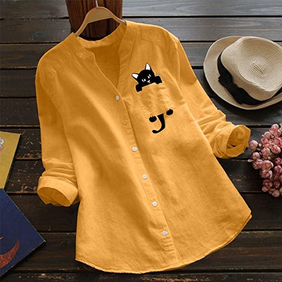 Anaid® | Long-Sleeved Cotton Blouse With V-Neck And Cat Print - Image 2