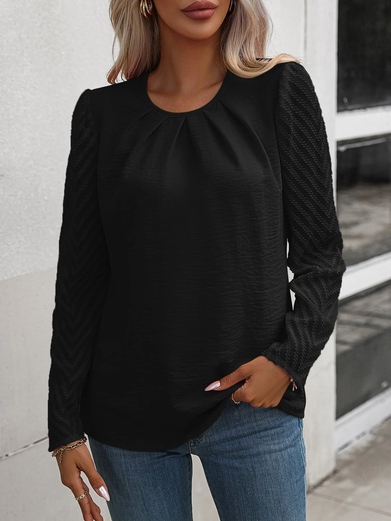 Andrea® | Elegant Long Flared Sleeve Blouse With A Round Puff Neckline - Image 2