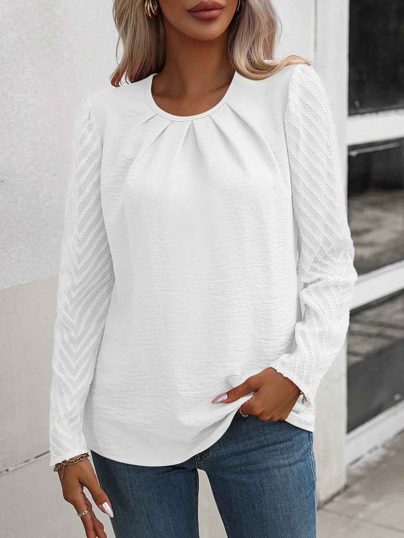 Andrea® | Elegant Long Flared Sleeve Blouse With A Round Puff Neckline - Image 4