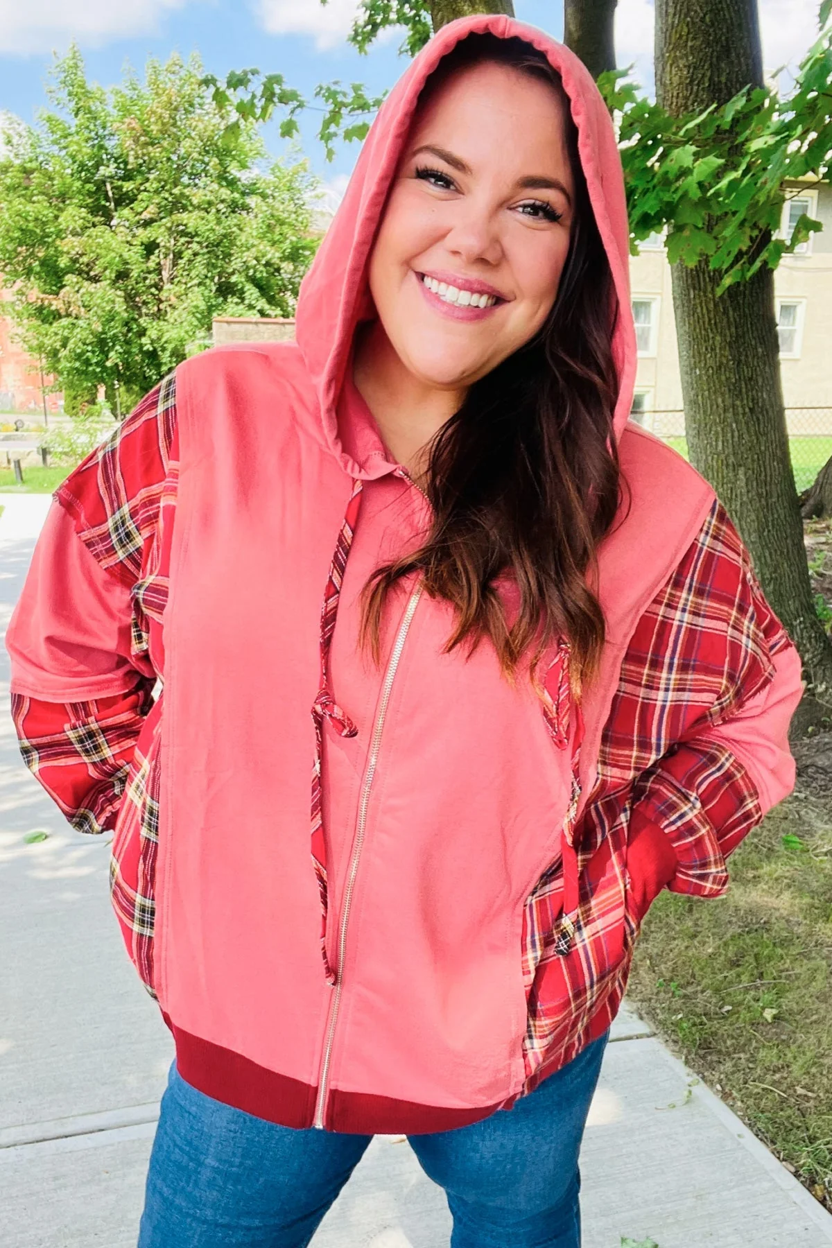Aneta | Adorable marsala check French terry hoodie with color block zip fastening - Image 15