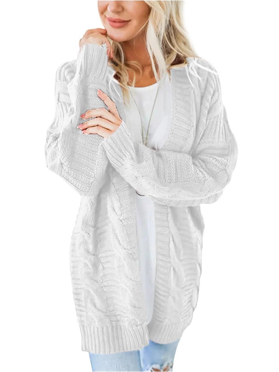 Aneta | Cable knit cardigan with open front and long sleeves - Image 11