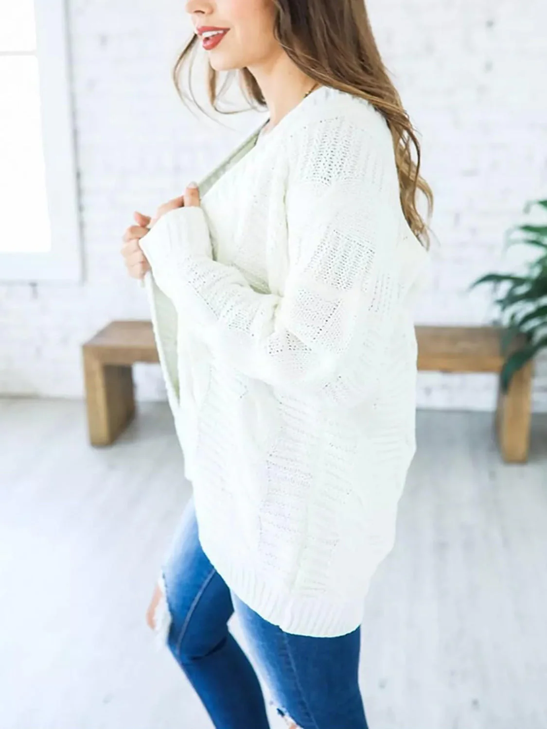 Aneta | Cable knit cardigan with open front and long sleeves - Image 12