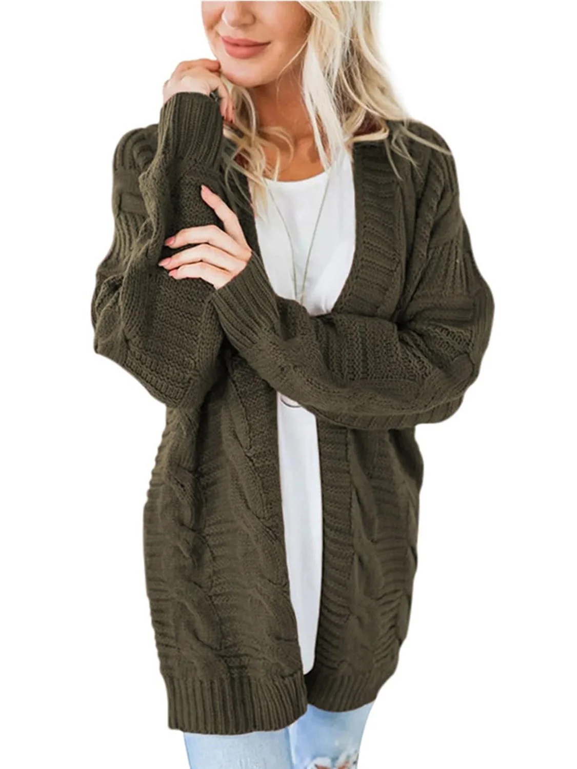 Aneta | Cable knit cardigan with open front and long sleeves - Image 3