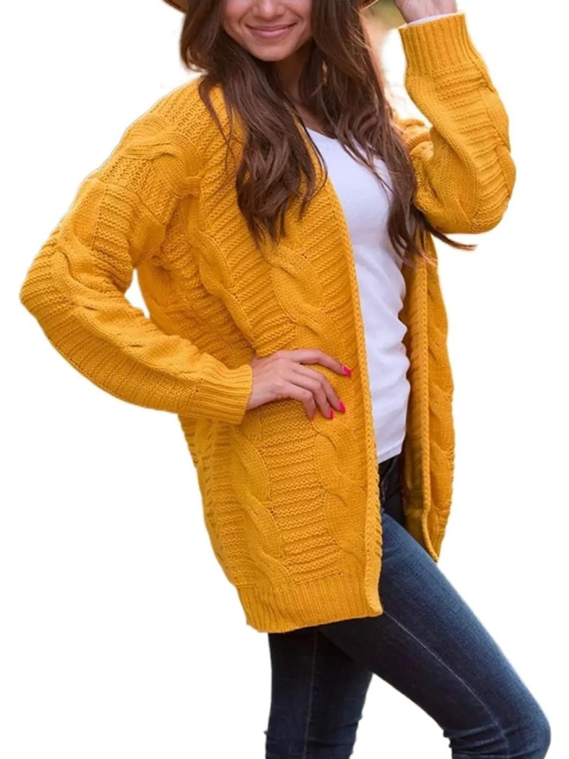 Aneta | Cable knit cardigan with open front and long sleeves - Image 6