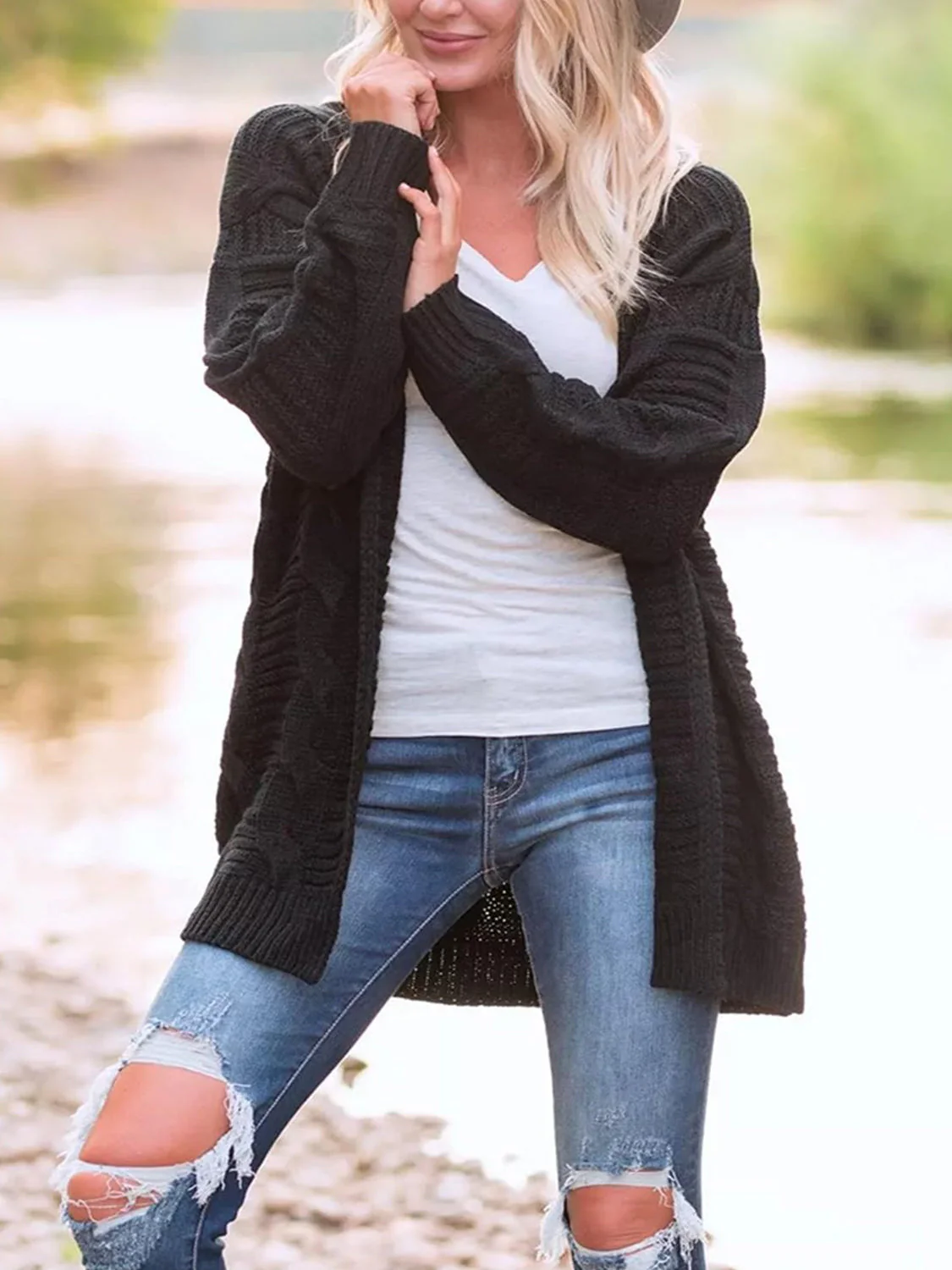 Aneta | Cable knit cardigan with open front and long sleeves - Image 7