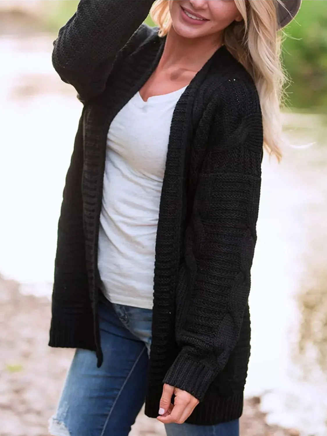 Aneta | Cable knit cardigan with open front and long sleeves - Image 8