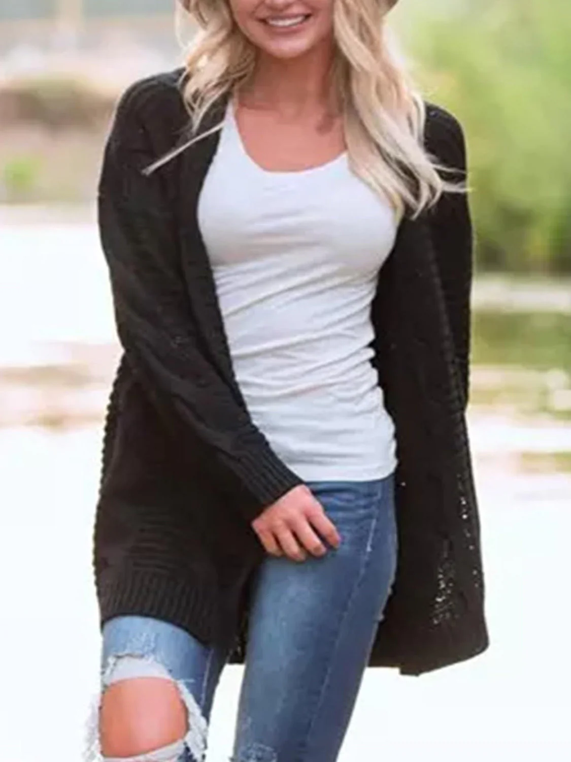 Aneta | Cable knit cardigan with open front and long sleeves - Image 9