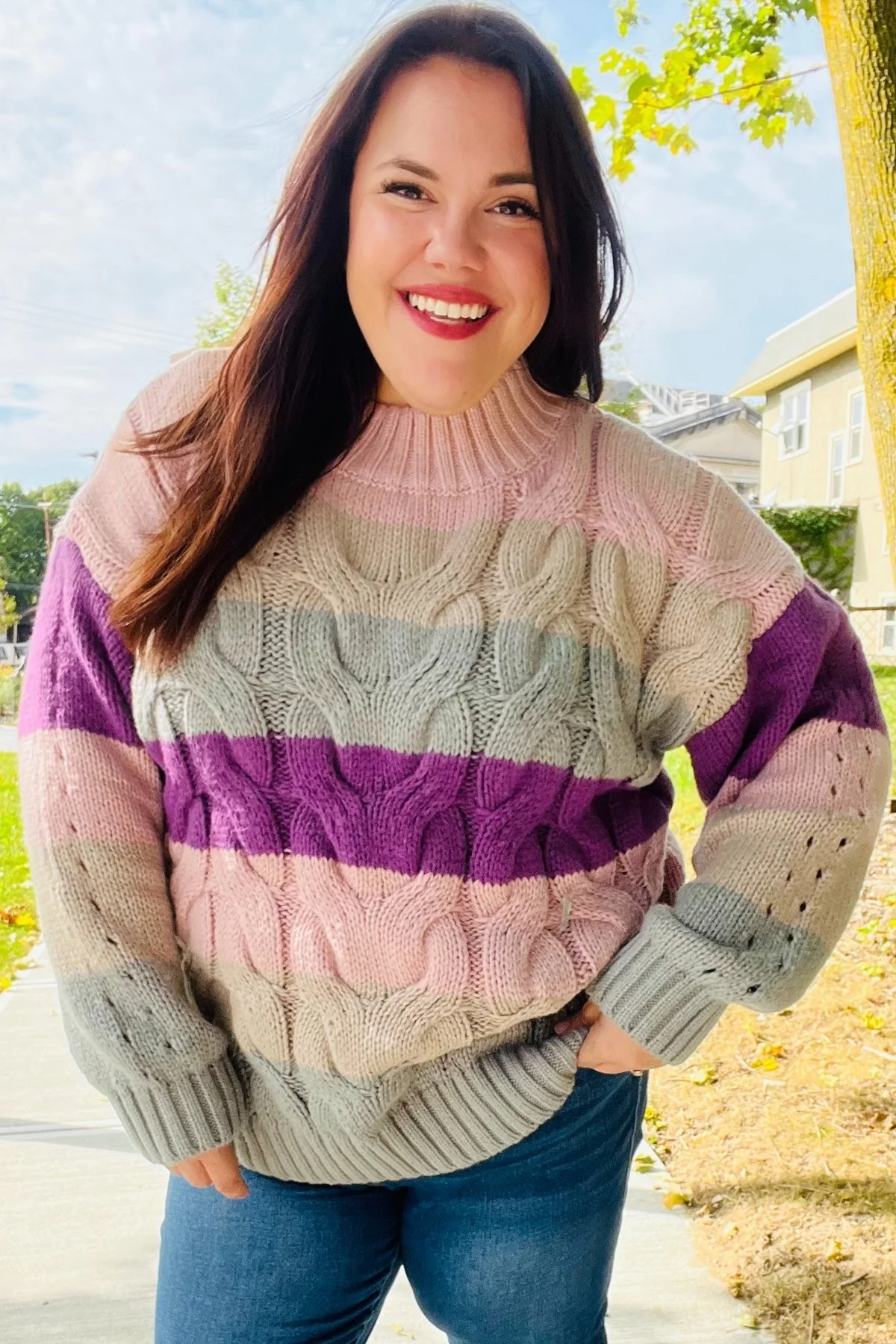 Aneta | Fall For You mauve multicolor striped cable knit turtleneck sweater - Image 2