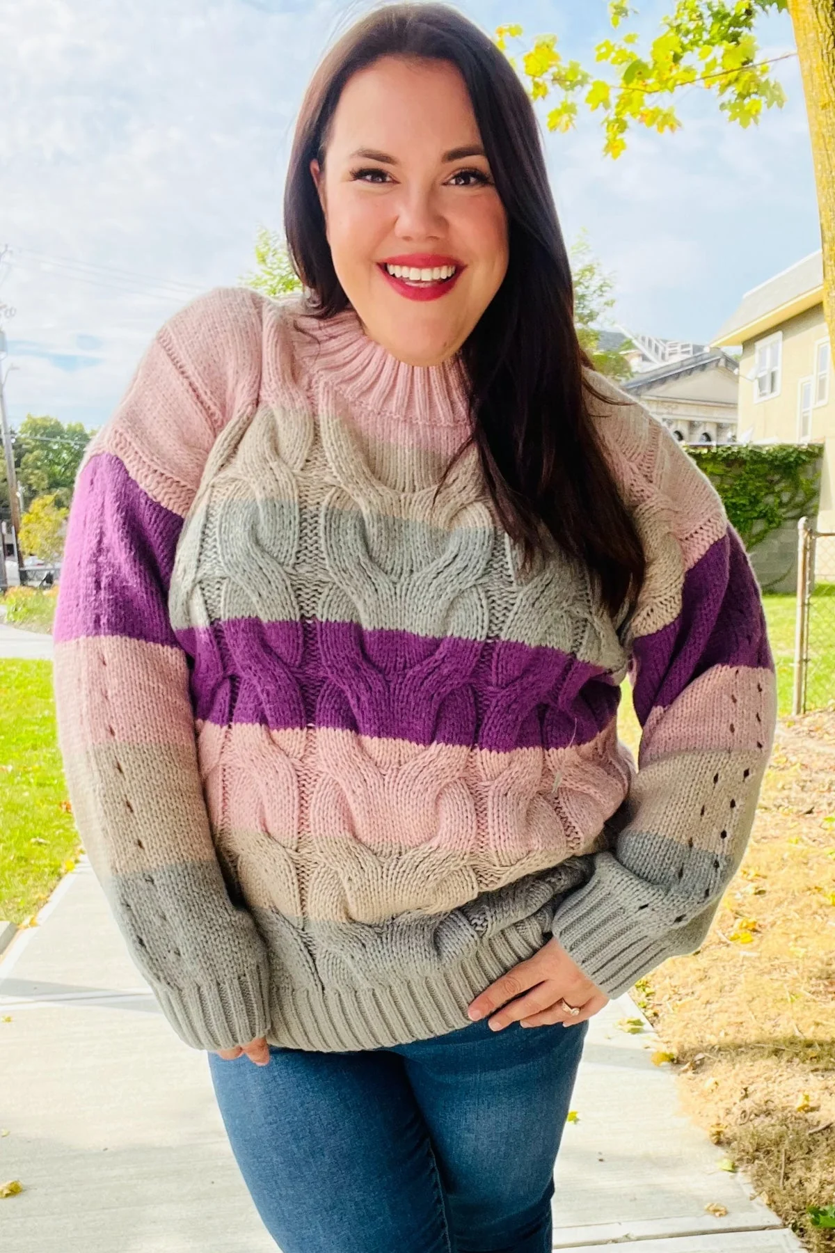 Aneta | Fall For You mauve multicolor striped cable knit turtleneck sweater - Image 5