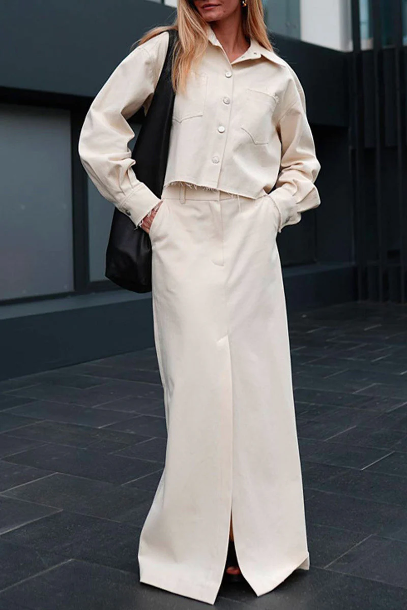 Anette | Casual, elegant, solid color, long-sleeved two-piece suit with pocket turn-down collar