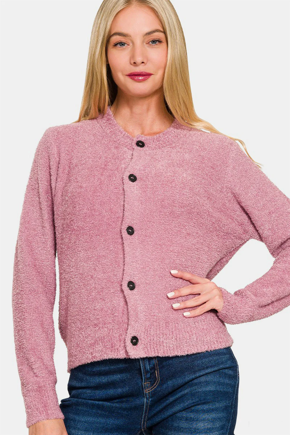 Angela | Long sleeve pullover cardigan with button placket - Image 4