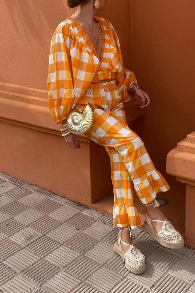 Angelika | Casual cute plaid contrast long sleeve V-neck two piece suit - Image 6