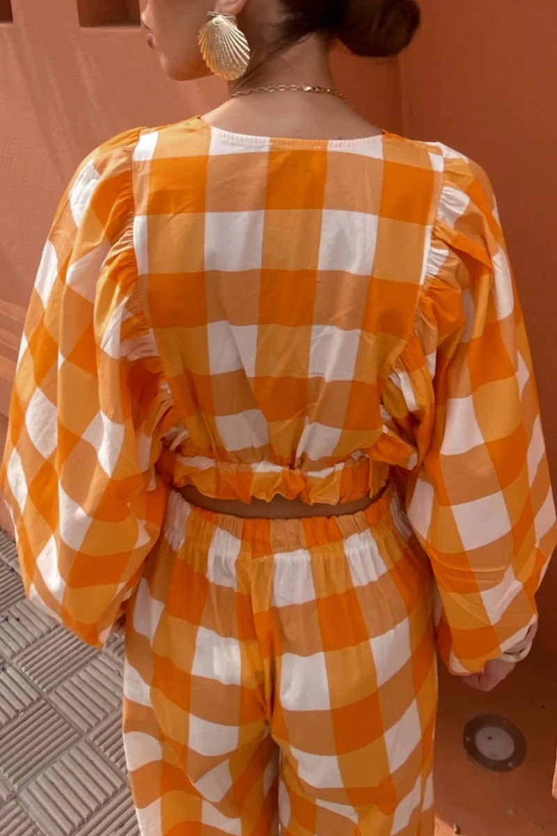 Angelika | Casual cute plaid contrast long sleeve V-neck two piece suit - Image 8