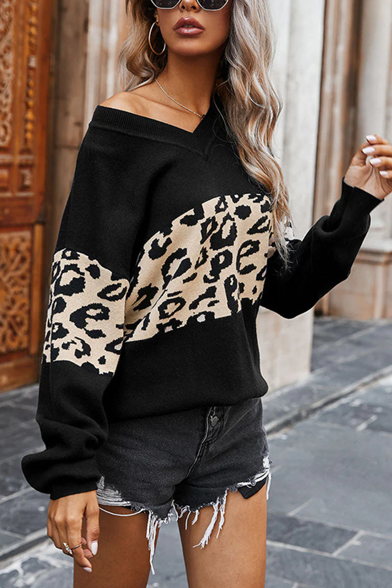 Angeline's | Fashion street leopard patchwork V-neck tops - Image 15
