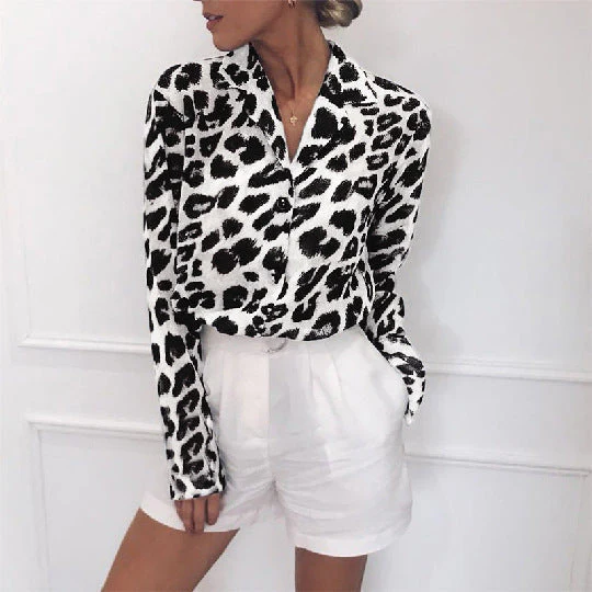 Angharad® | Classy Long Sleeve Leopard Print Blouse Turn Down Collar - Image 2