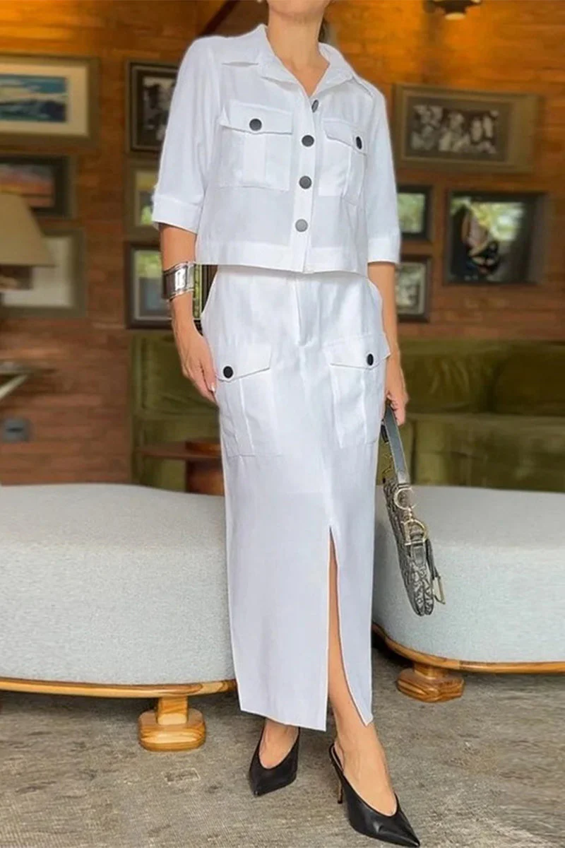 Anika | Casual solid pocket buttons, slit, turn-down collar, half sleeves, two-piece