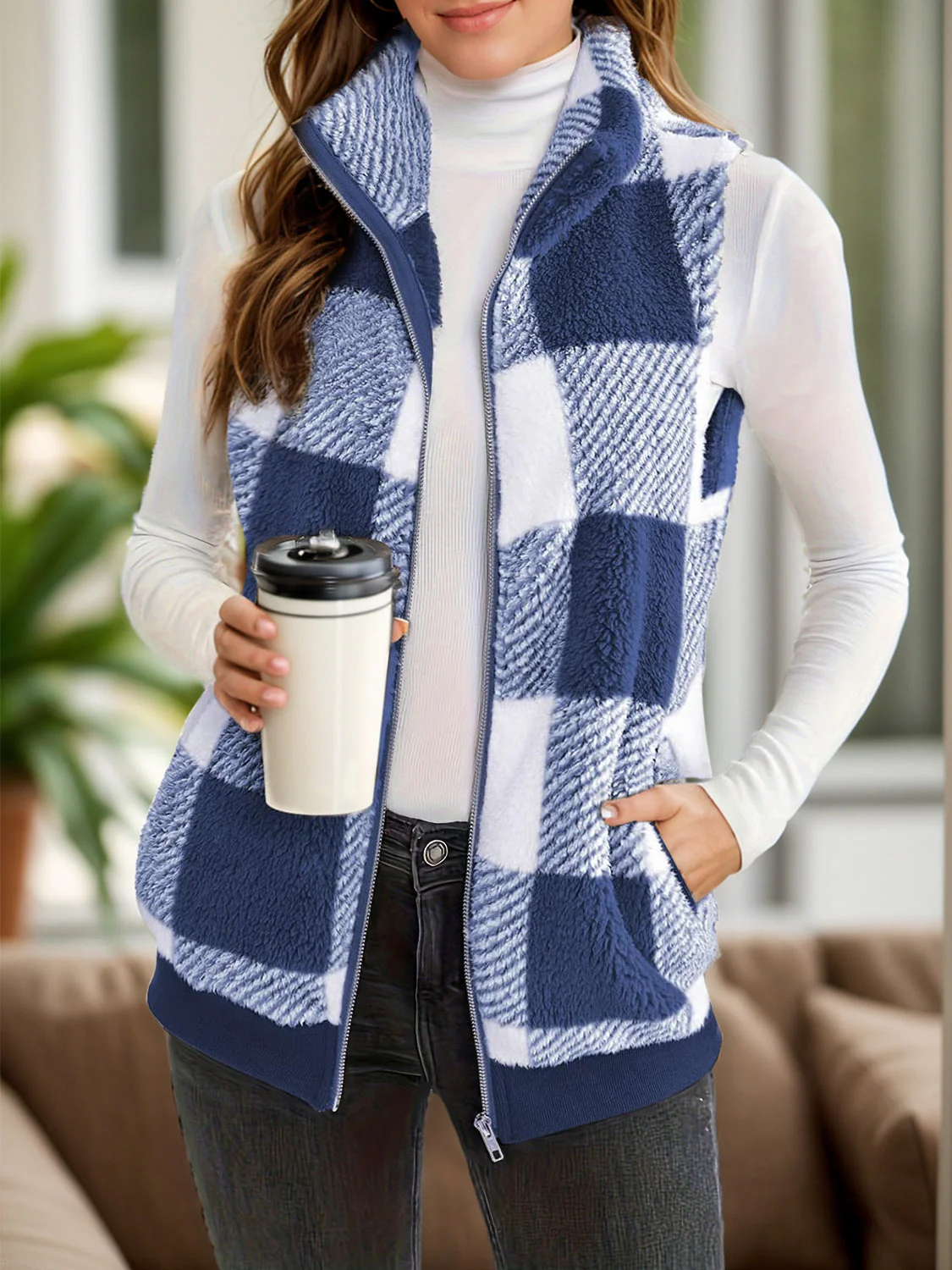 Anja | Full size checked vest coat with pockets - Image 2