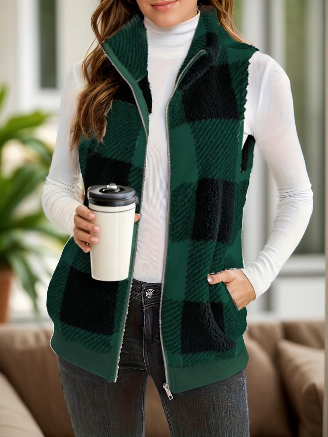 Anja | Full size checked vest coat with pockets - Image 4