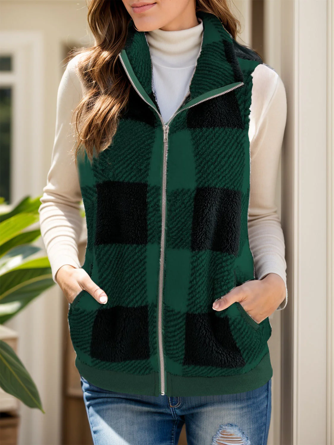 Anja | Full size checked vest coat with pockets - Image 5
