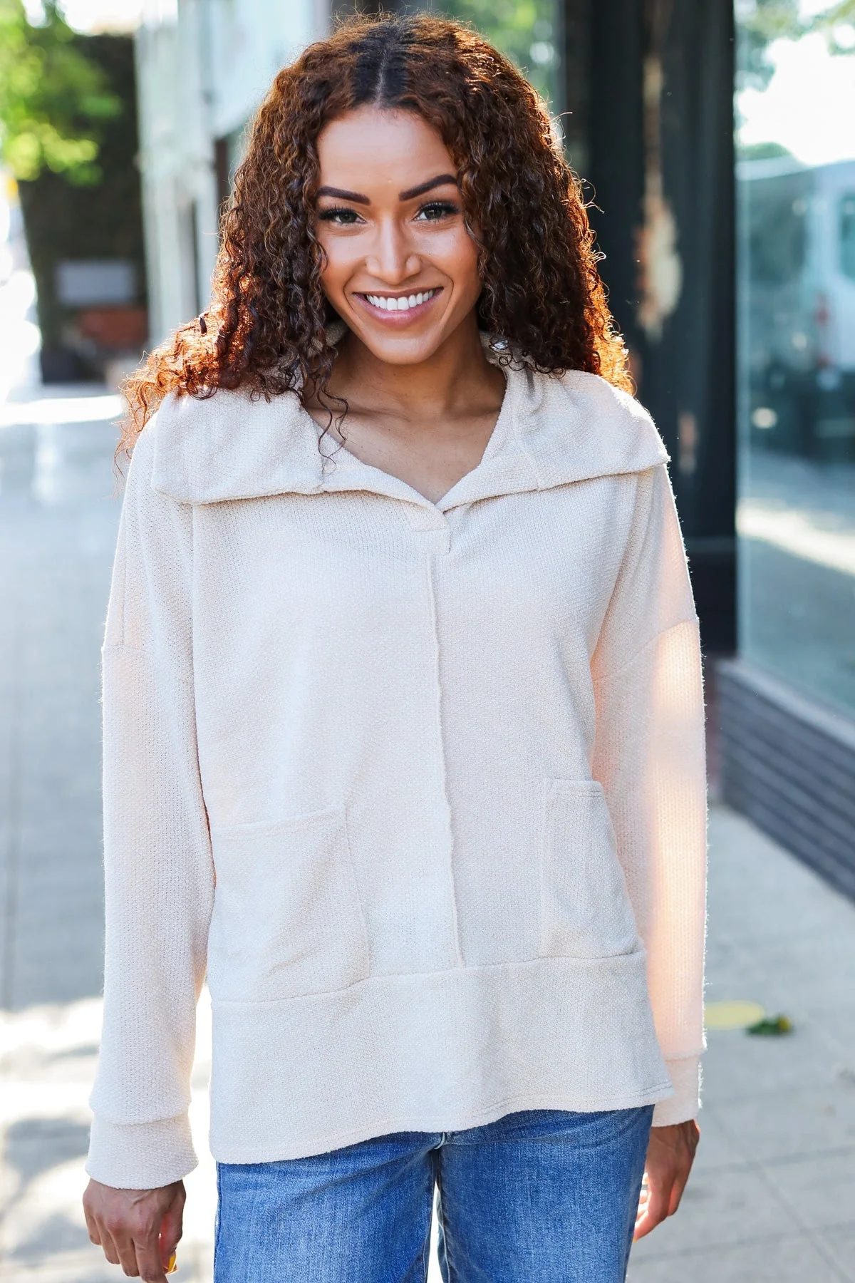 Anke | Easy Living oatmeal knit sweater with a notched neckline and oversized collar - Image 11