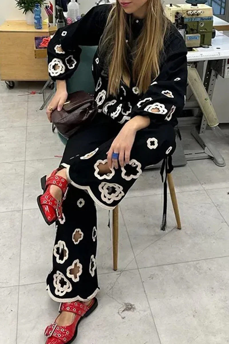 Ann | Casual solid hook flower, hollow out turn-down collar, long sleeves, two-piece - Image 2