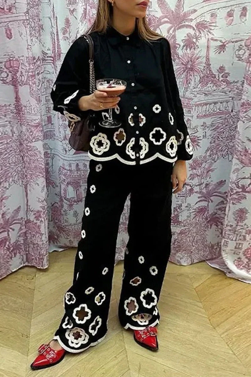 Ann | Casual solid hook flower, hollow out turn-down collar, long sleeves, two-piece - Image 4