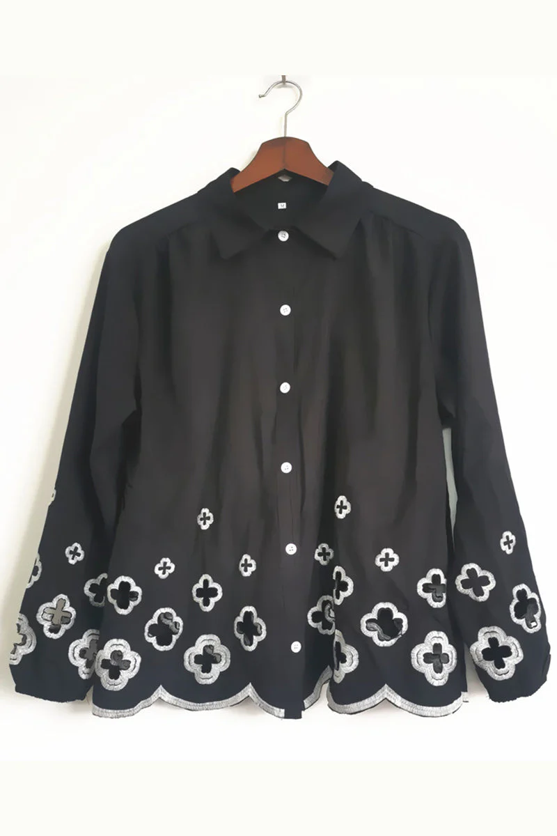 Ann | Casual solid hook flower, hollow out turn-down collar, long sleeves, two-piece - Image 5