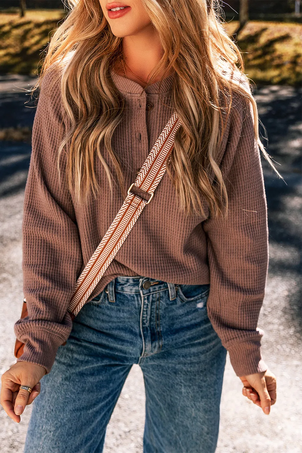 Annabelle | Waffle knit long sleeve blouse with a crew neck - Image 3