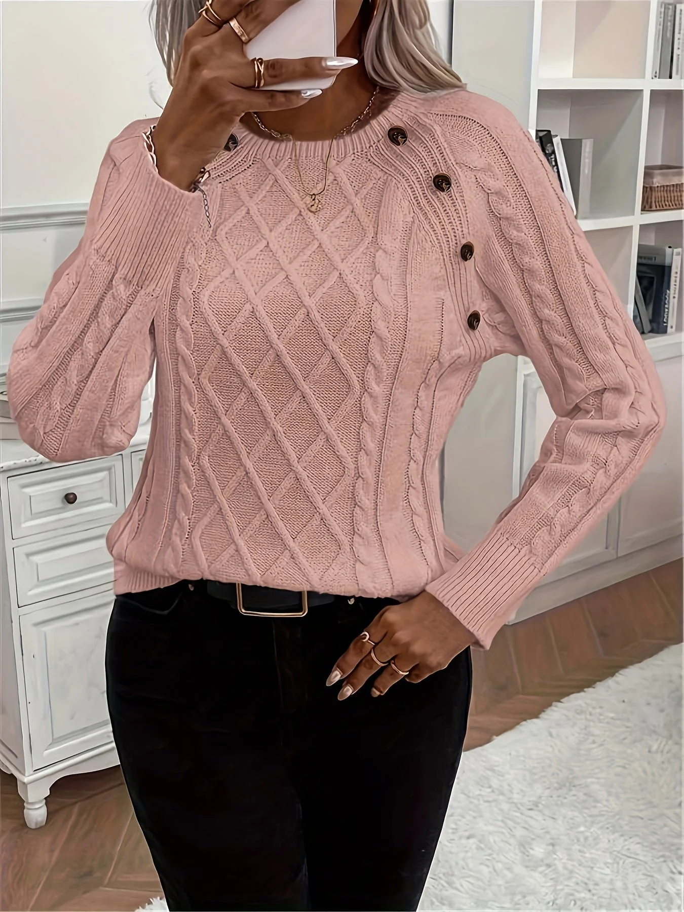 Annelie | Single-breasted cable-knit sweater with a crew neck - Image 2