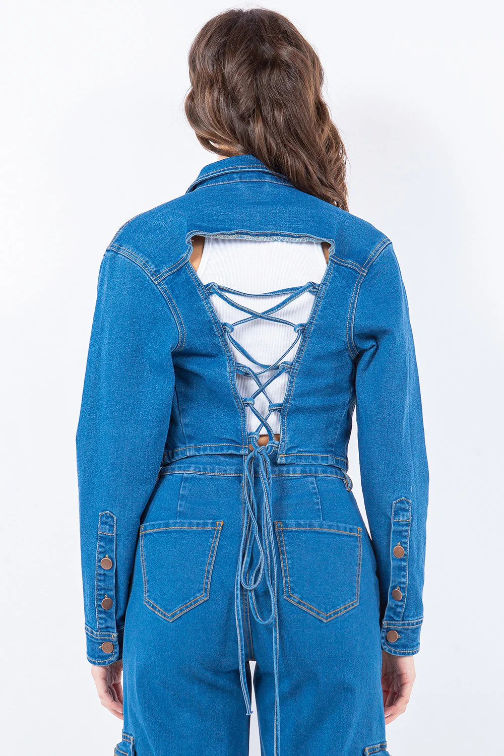 Anneliese | Short denim jacket from American Bazi with lacing at the back - Image 2