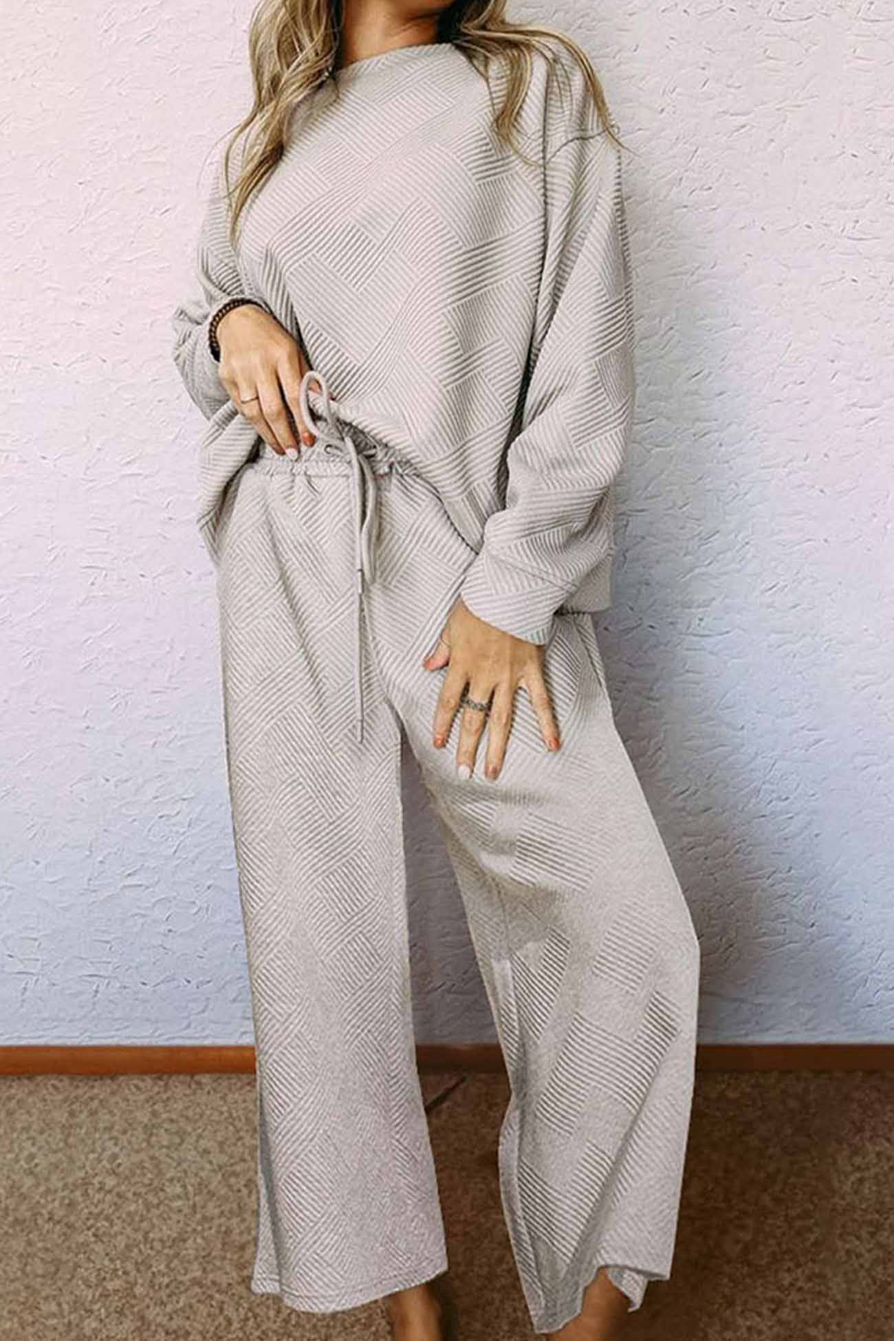 Anneliese | Solid color textured long sleeve long pants set - Image 2