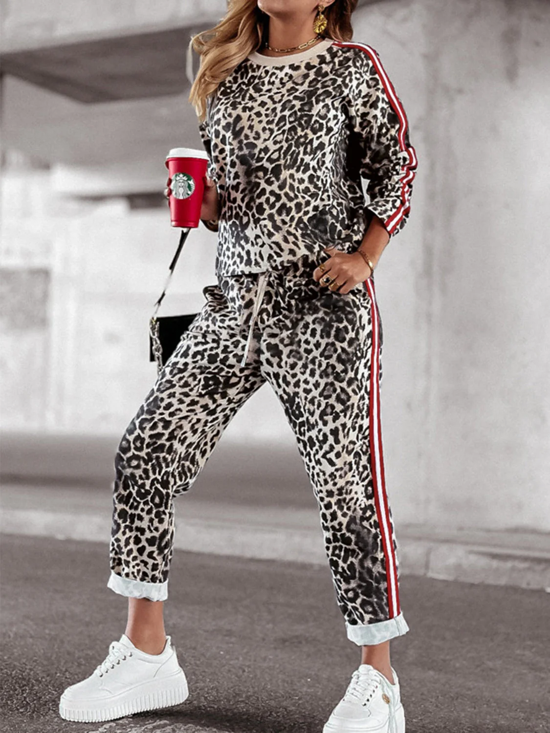 Araceli | Leopard print round neck long sleeve top and trousers set - Image 3