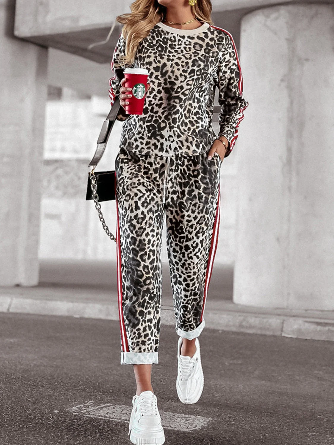 Araceli | Leopard print round neck long sleeve top and trousers set - Image 5