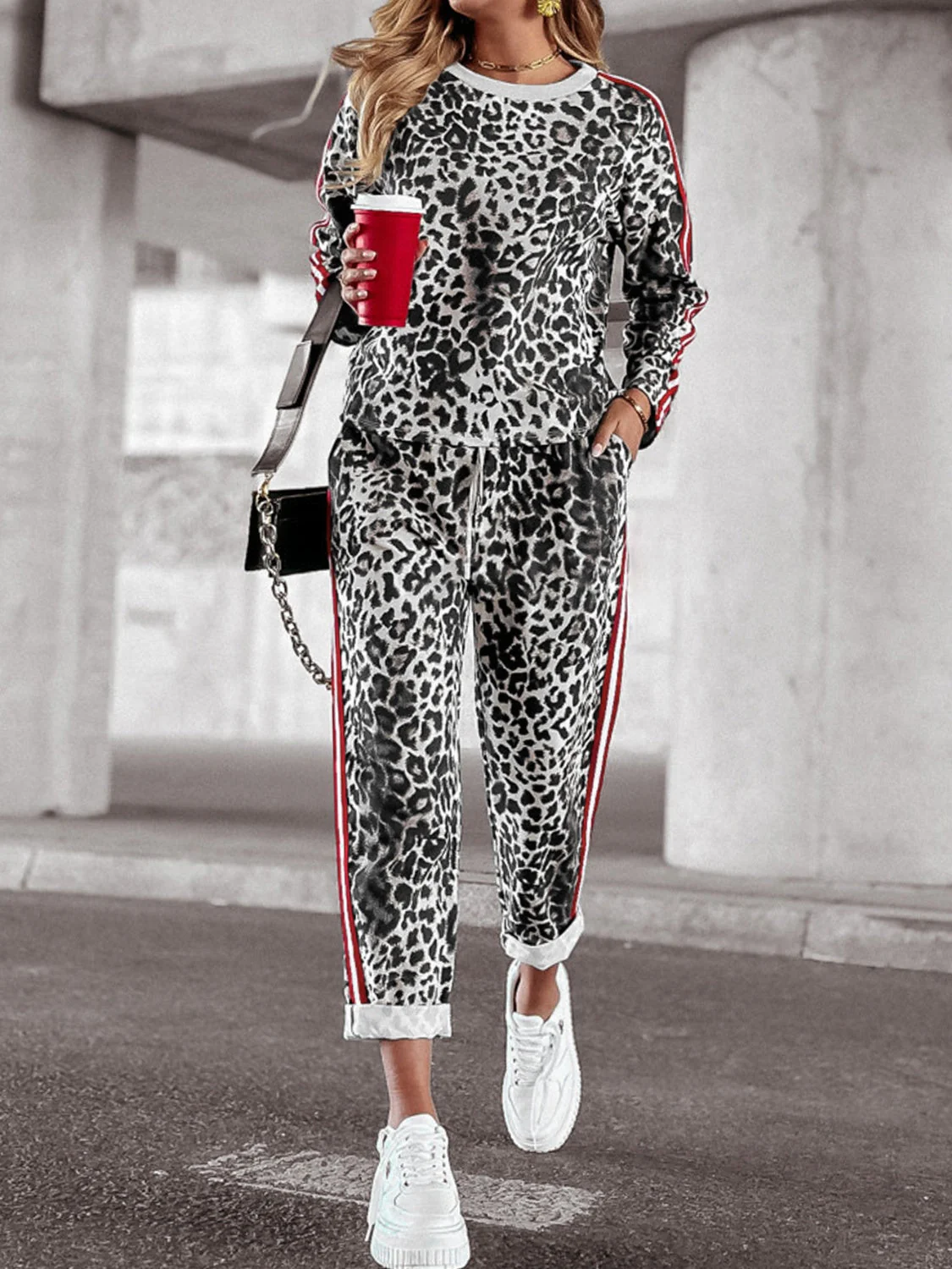 Araceli | Leopard print round neck long sleeve top and trousers set - Image 9
