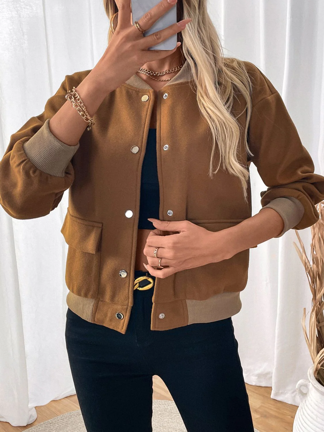 Araceli | Perfee Baseball Collar Snap Down Long Sleeve Jacket