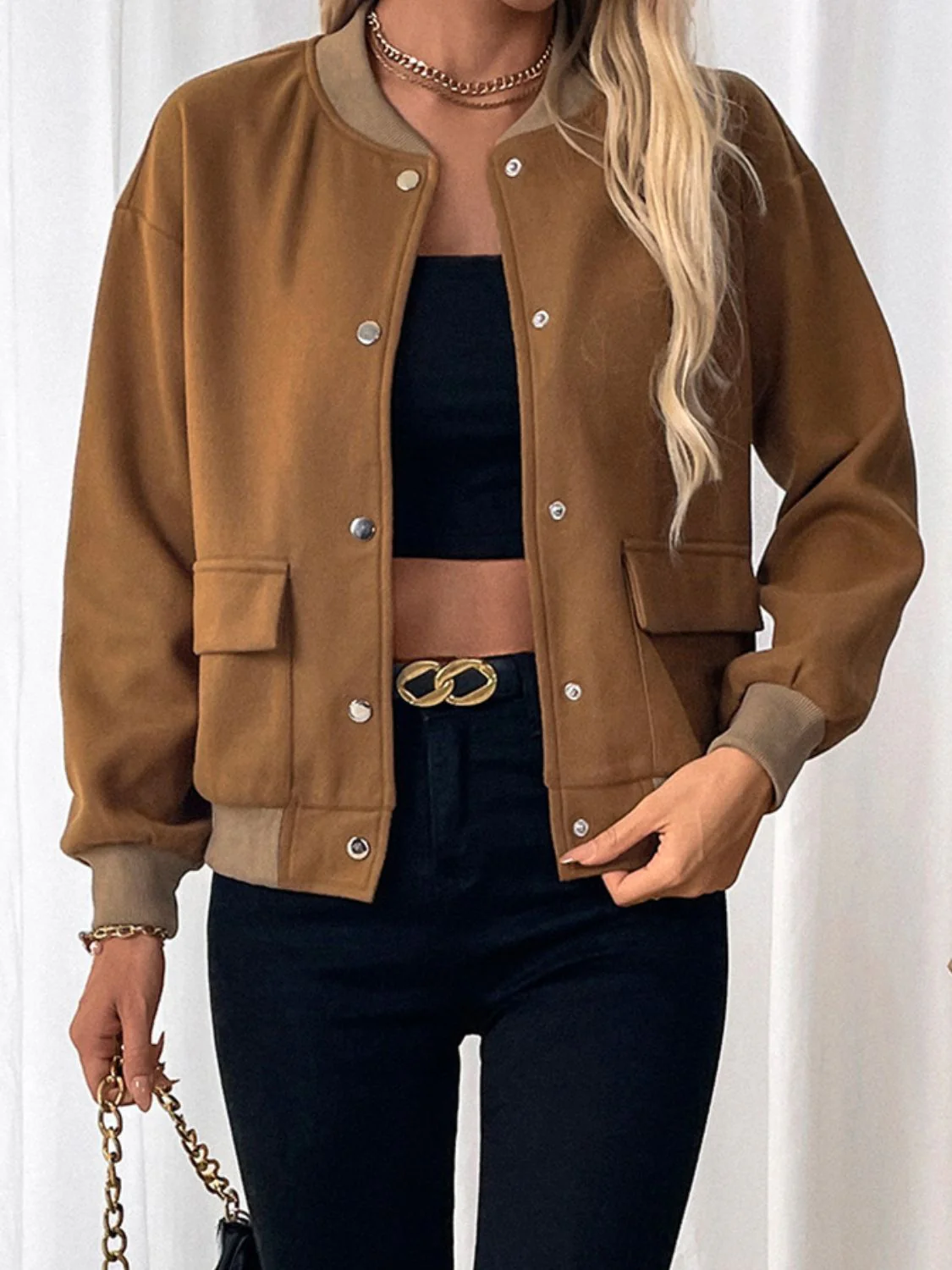 Araceli | Perfee Baseball Collar Snap Down Long Sleeve Jacket - Image 6