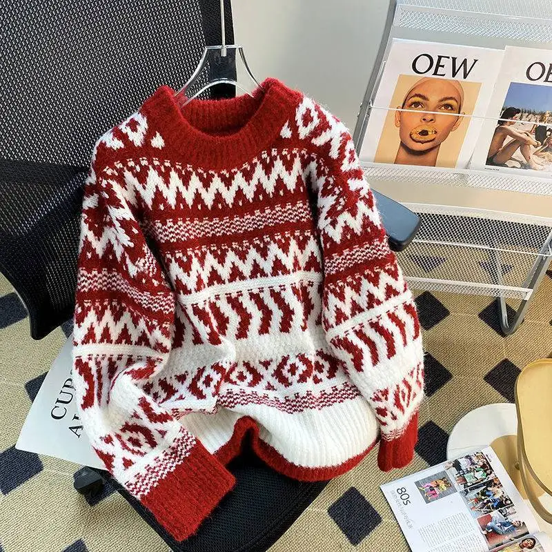 Araceli | Women's vintage patchwork style crew neck sweater with chunky knit