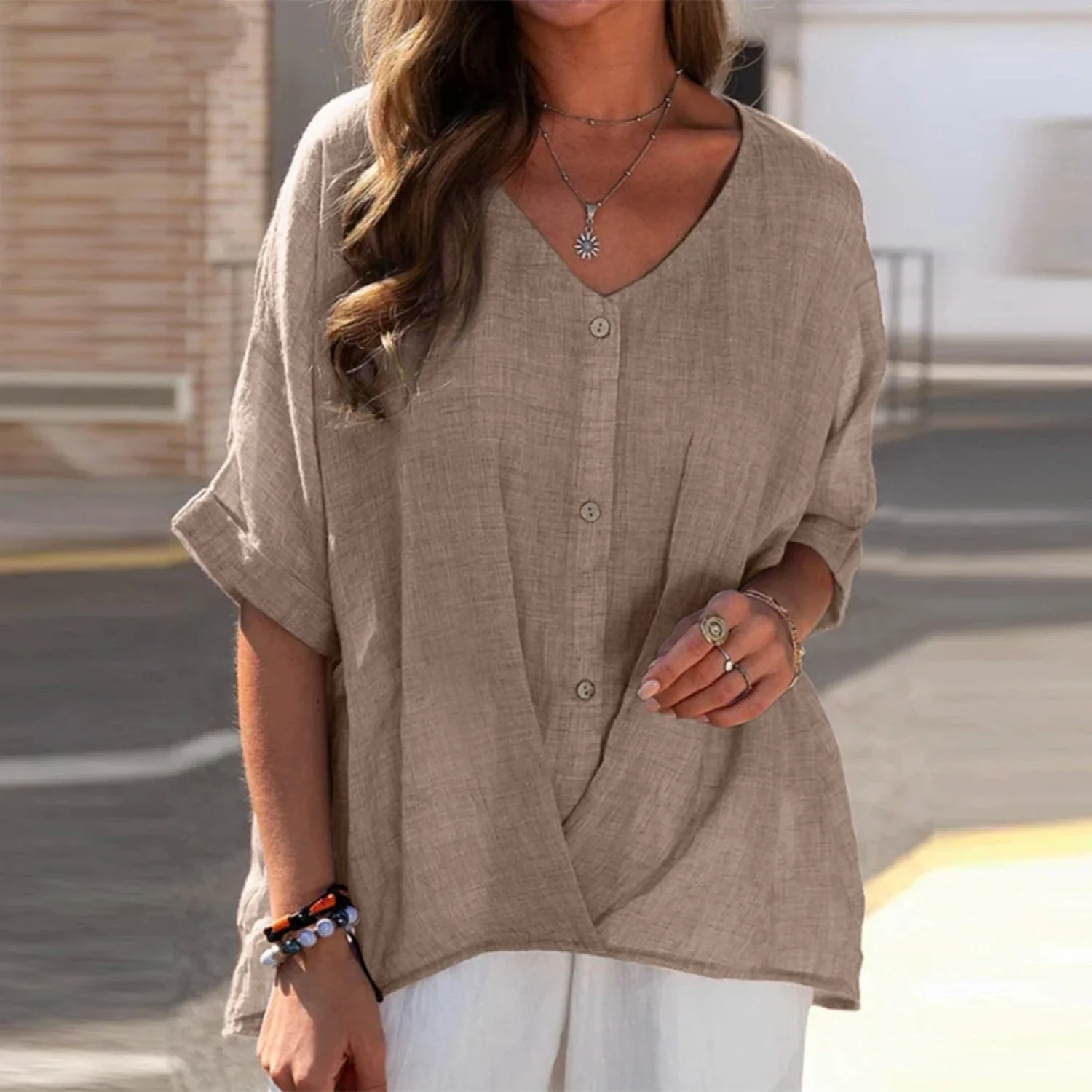 Auberte® | Stylish Women'S Linen Blouse With V-Neck & Button Placket - Image 4