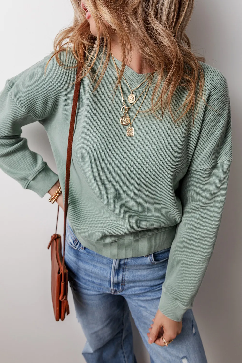 Avelina | Waffle knit top with long sleeves and dropped shoulders - Image 3