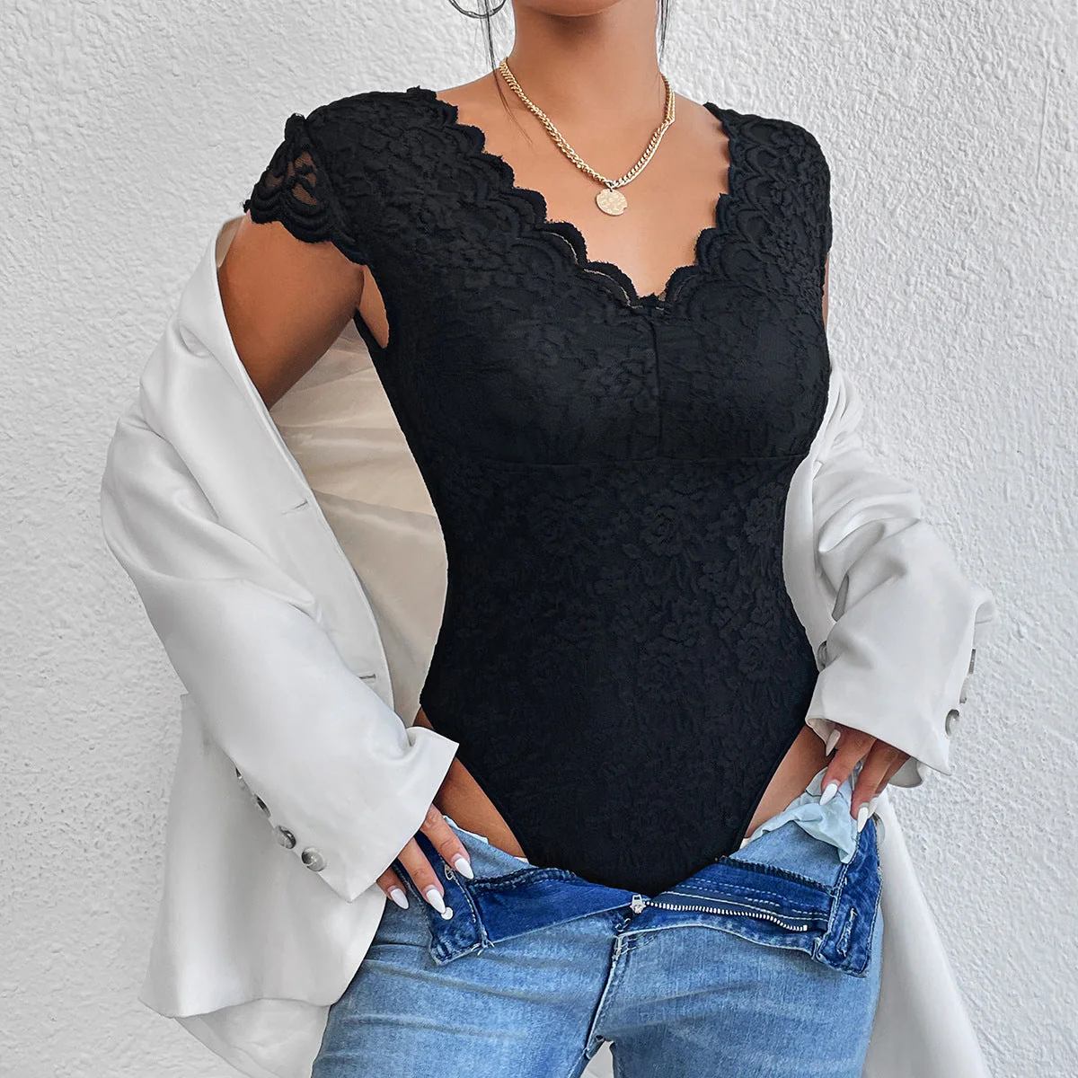 Aya® | Figure-Hugging Short Sleeve V-Neck Bodysuits With Lace - Image 11