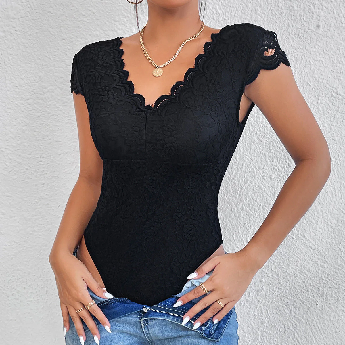 Aya® | Figure-Hugging Short Sleeve V-Neck Bodysuits With Lace - Image 9