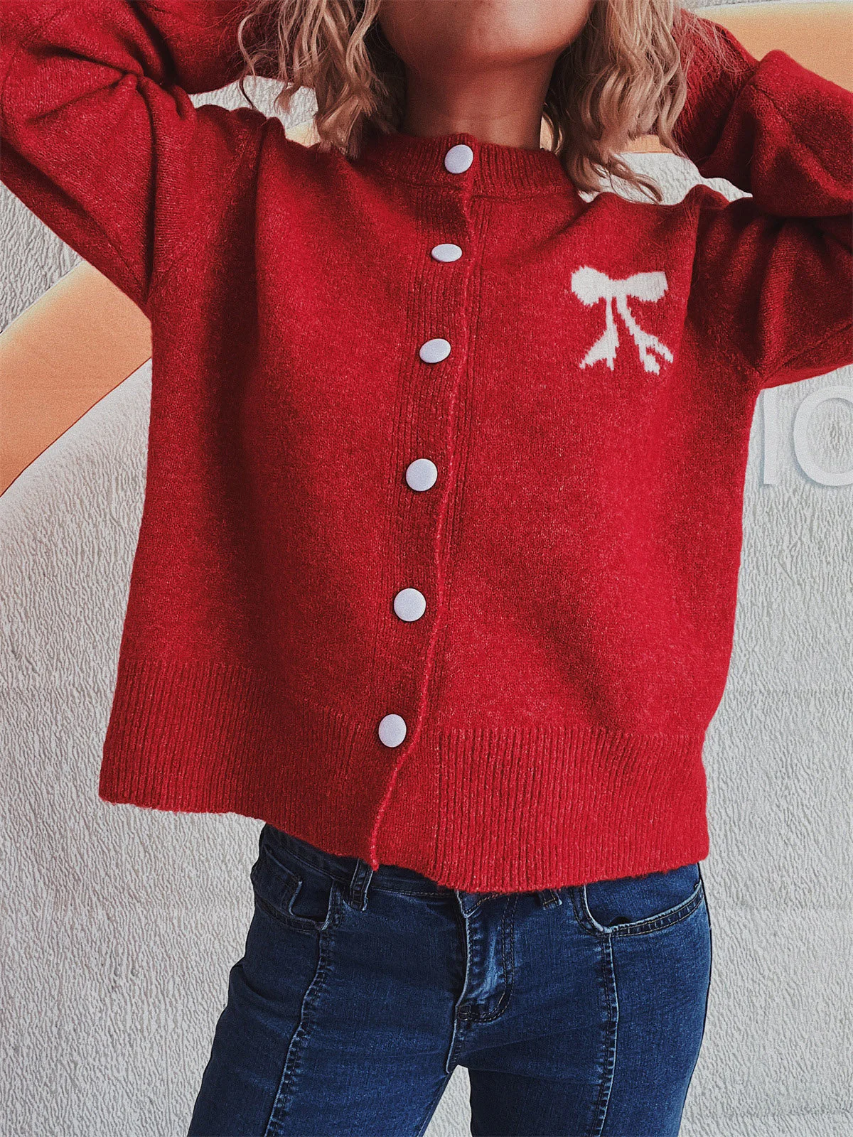 Beate | Long-sleeved cardigan with bow and round neckline and buttons - Image 5