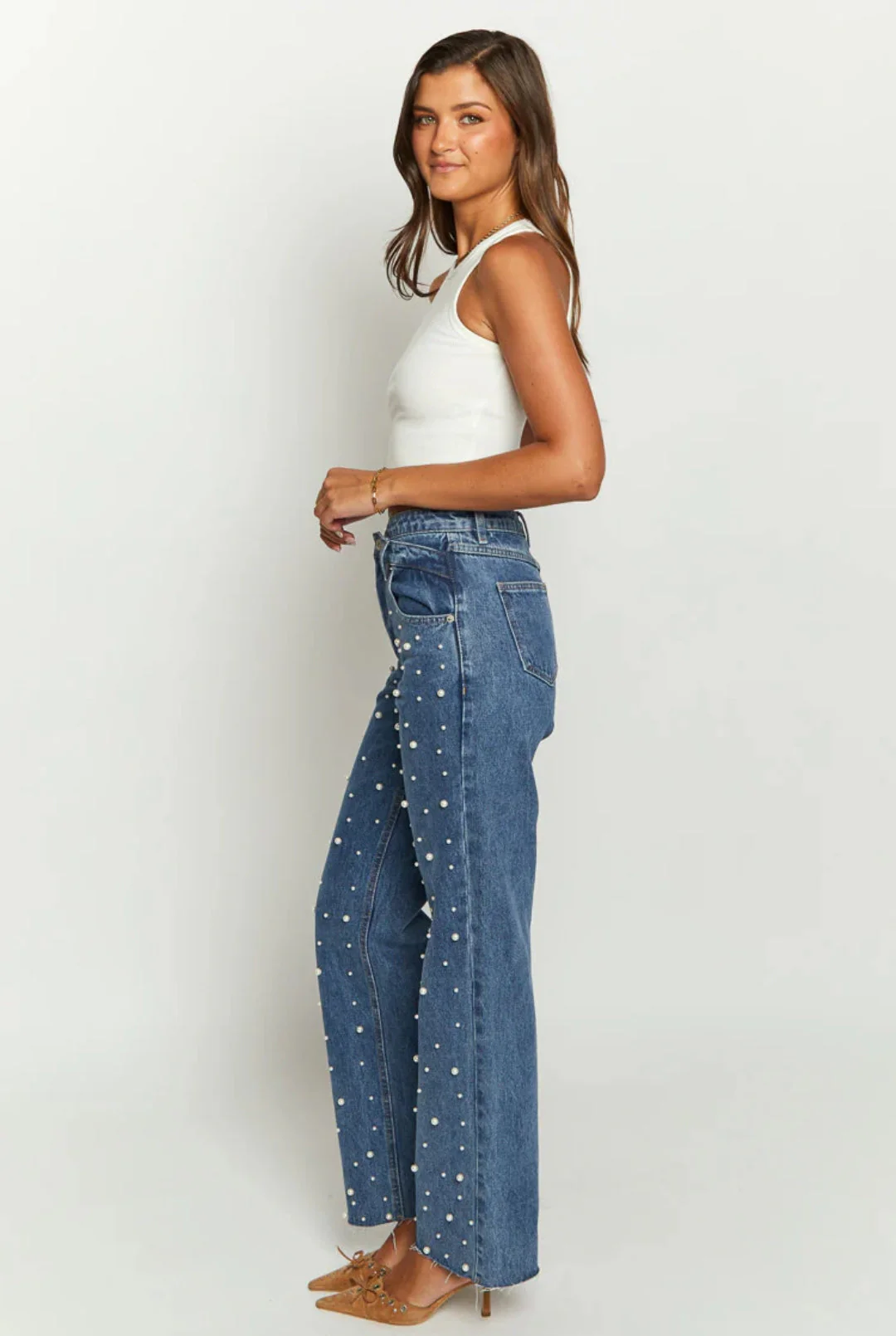 Beate® | Women'S High Waist Beaded Jeans Cargo - Image 2