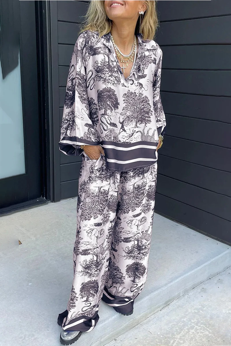 Beatriz | Casual street floral print, distressed drawstring pocket, V-neck, long sleeves, two-piece - Image 4