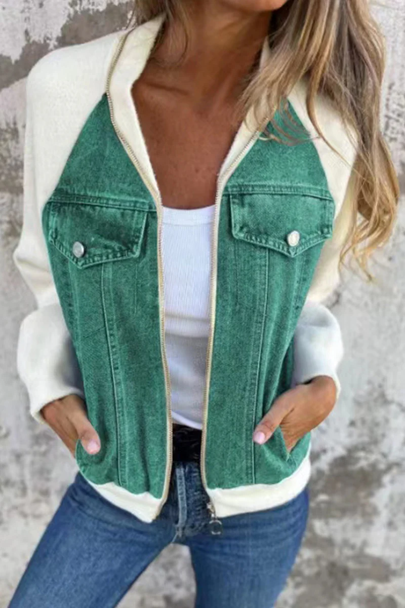 Begoña | Casual outerwear with a solid color patchwork zipper and contrast turn-down collar