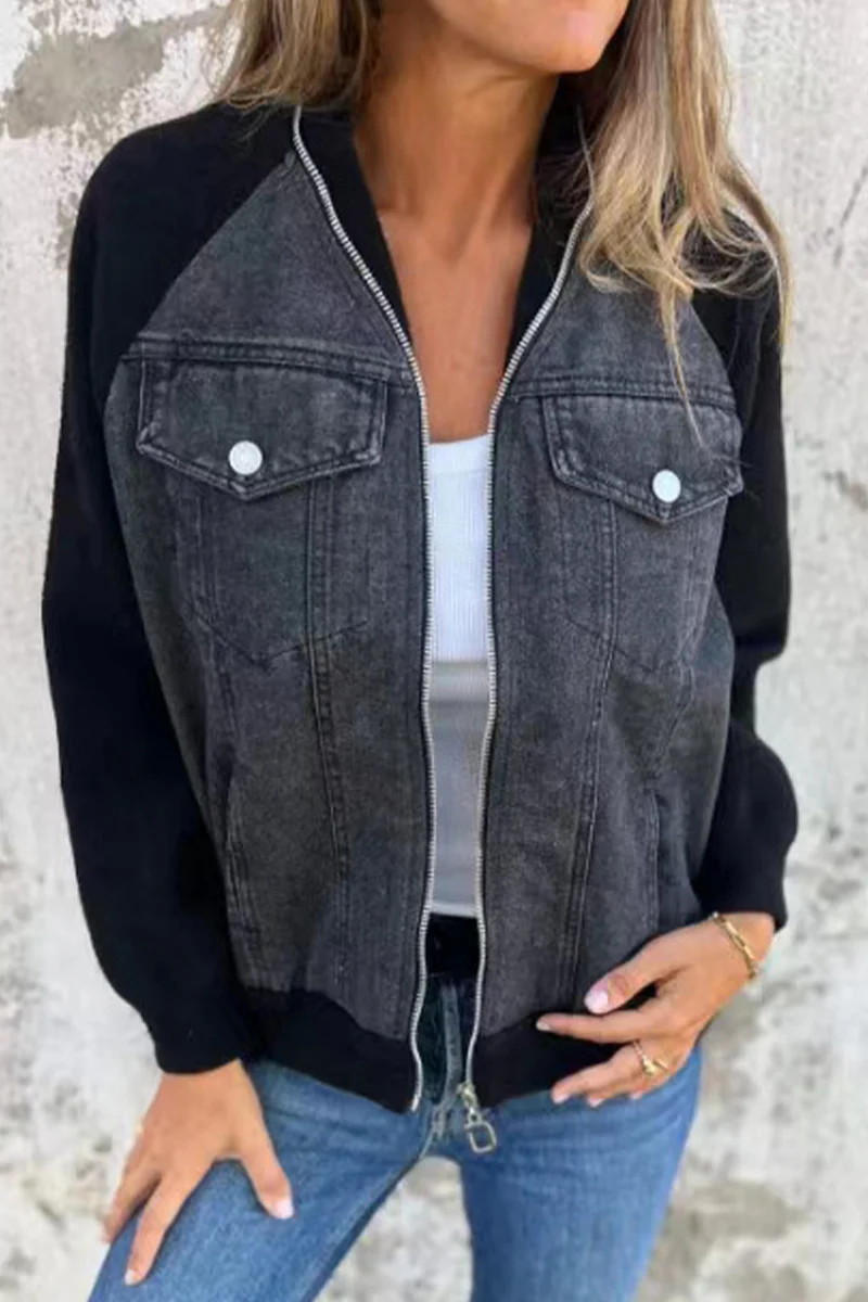 Begoña | Casual outerwear with a solid color patchwork zipper and contrast turn-down collar - Image 2