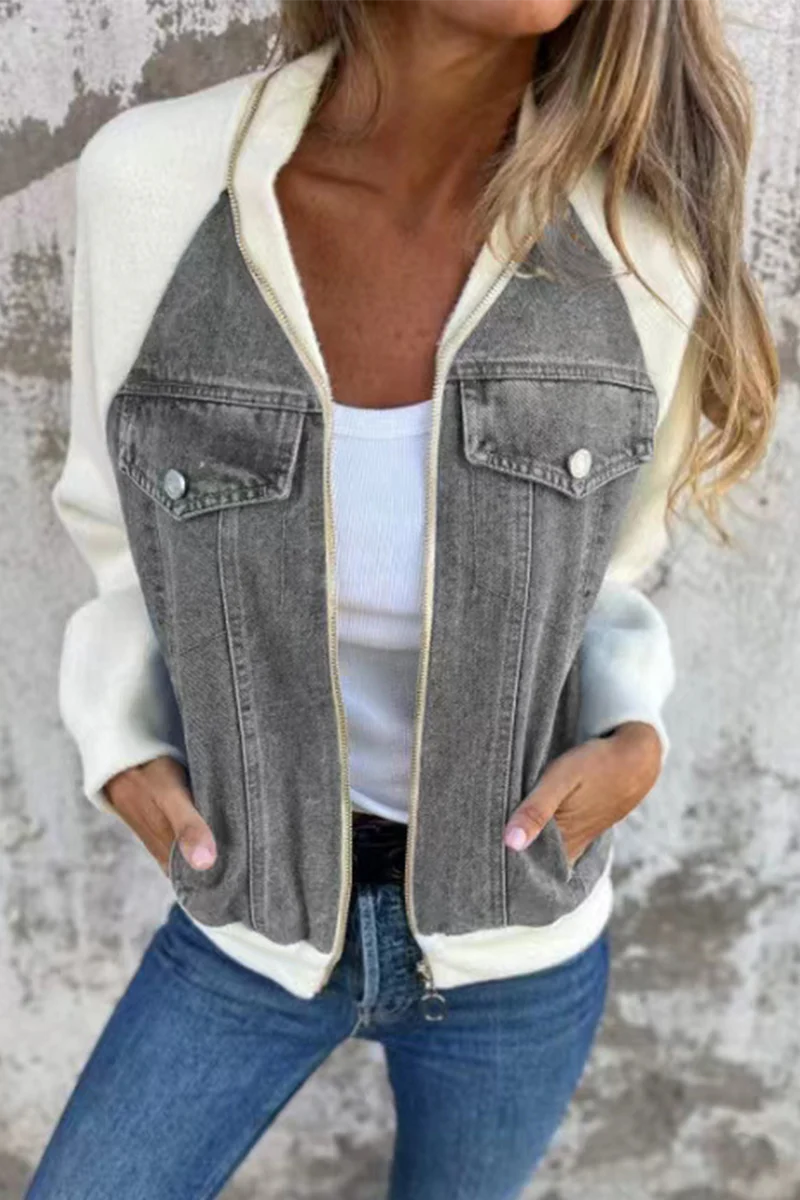 Begoña | Casual outerwear with a solid color patchwork zipper and contrast turn-down collar - Image 8