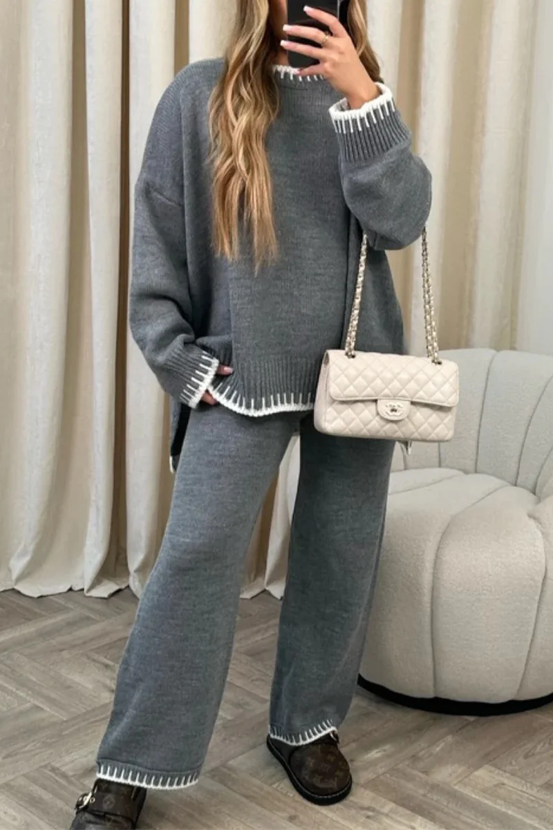 Bianca | Casual solid patchwork O-neck long sleeve two piece suit - Image 4